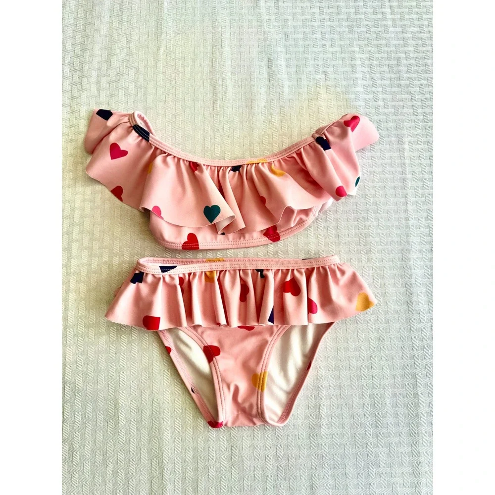 Janie and Jack Toddler Girls Pink Heart Print Ruffle Bikini Swimsuit Set 2T